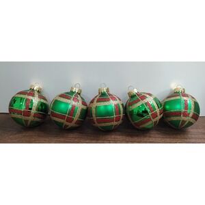G&B Glass Ball Christmas Ornaments Lot Of 5 Plaid Green Red Gold Glitter Vtg A4
